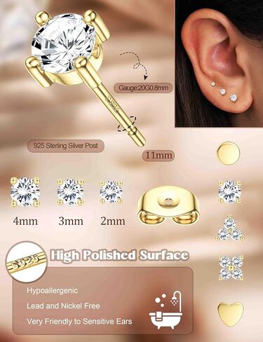 14K Gold Stud Earrings For Women Hypoallergenic - 𝟵𝟮𝟱 𝗦𝘁𝗲𝗿𝗹𝗶𝗻𝗴 𝗦𝗶𝗹𝘃𝗲𝗿 Post Small Earrings Stacks For Sensitive Ears Trendy Dainty Cute Cubic Zirconia Heart Flower Cartilage Tragus Earring Sets For Multiple Piercing Jewelry 3Pairs in Saudi Arabia