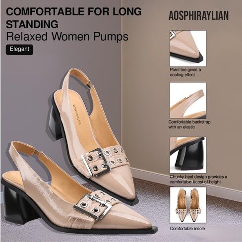مضخات نسائية Asphiraylian slingback الكعب المدبب بإصبع إصبع القدم كعب مكتنزة حذاء حفل زفاف أحذية مع حزام مرن in Kuwait