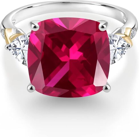 GEM Stone King 8.95 CTTW Red خلقت Ruby White Moissanite وخاتم الماس للنساء | 925 الفضة والأصفر 10K | وسادة 12mm و 5 مم تريليون | متوفر بحجم 5،6،7،8،9 in Saudi Arabia
