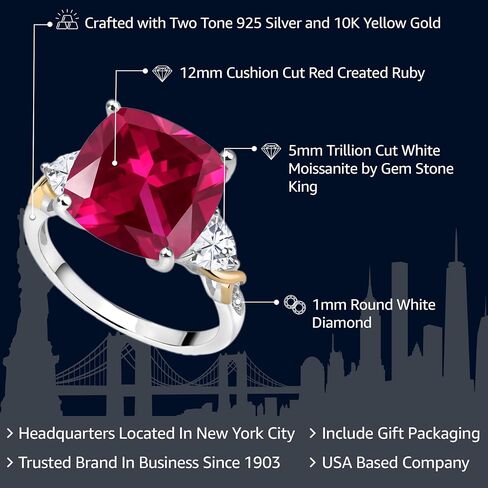 GEM Stone King 8.95 CTTW Red خلقت Ruby White Moissanite وخاتم الماس للنساء | 925 الفضة والأصفر 10K | وسادة 12mm و 5 مم تريليون | متوفر بحجم 5،6،7،8،9 in Saudi Arabia