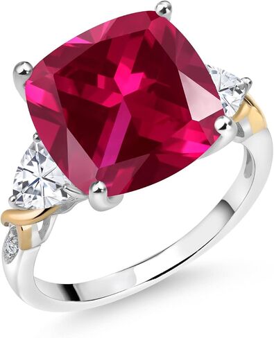 GEM Stone King 8.95 CTTW Red خلقت Ruby White Moissanite وخاتم الماس للنساء | 925 الفضة والأصفر 10K | وسادة 12mm و 5 مم تريليون | متوفر بحجم 5،6،7،8،9 in Saudi Arabia