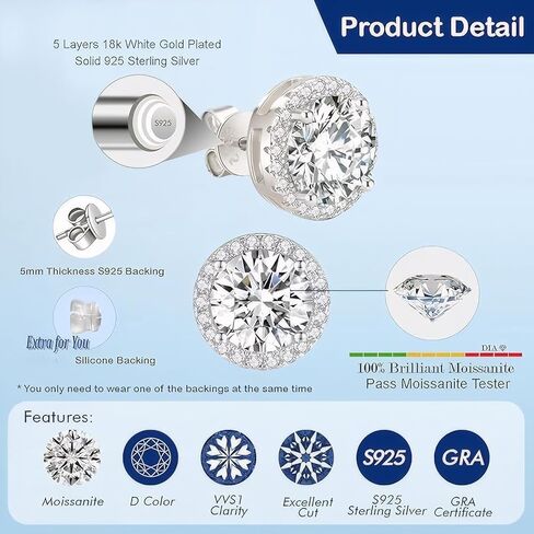 Moissanite Stud Earrings for Women & Men, 18K White Gold Plated 925 Sterling Silver, D Color VVS1 Round Brilliant Cut, Secure Push Back Fit Hypoallergenic Daily Wear Jewelry in Saudi Arabia