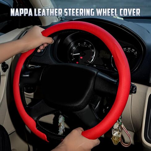Nappa Leather Steering Wheel Cover – Ultra-Thin, Breathable & Non-Slip Micro-Perforated Grip, 5D One-Piece Wrap, Universal Fit for 14–15 Inch Wheels(Black) in Kuwait