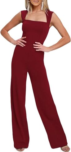 Happy Sailed Womens Square Neck Jumpsuit Summer Sleeveless Wide Leg Pants Rompers Dressy Jumpers Business Casual Outfits in Kuwait