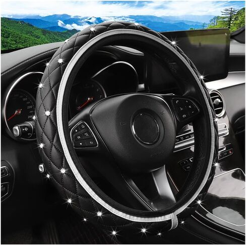 Bling Car Steering Wheel Cover, 15" Anti-Slip Elastic Stretch Leather Crystal Rhinestone Vehicle Steering Wheel Protector, Auto Interior Accessories, Universal for Sedan Truck SUV (Gray) in Kuwait