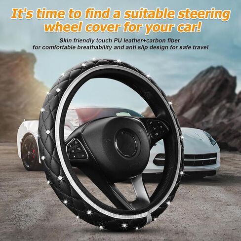 Bling Car Steering Wheel Cover, 15" Anti-Slip Elastic Stretch Leather Crystal Rhinestone Vehicle Steering Wheel Protector, Auto Interior Accessories, Universal for Sedan Truck SUV (Gray) in Kuwait