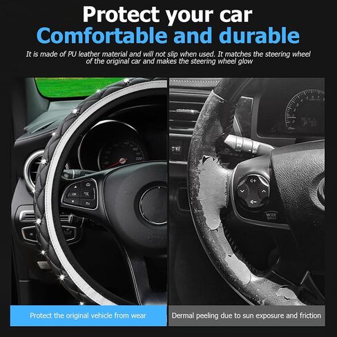 Bling Car Steering Wheel Cover, 15" Anti-Slip Elastic Stretch Leather Crystal Rhinestone Vehicle Steering Wheel Protector, Auto Interior Accessories, Universal for Sedan Truck SUV (Gray) in Kuwait