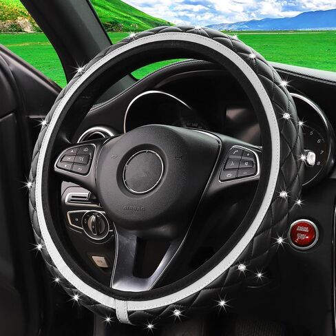 Bling Car Steering Wheel Cover, 15" Anti-Slip Elastic Stretch Leather Crystal Rhinestone Vehicle Steering Wheel Protector, Auto Interior Accessories, Universal for Sedan Truck SUV (Gray) in Kuwait