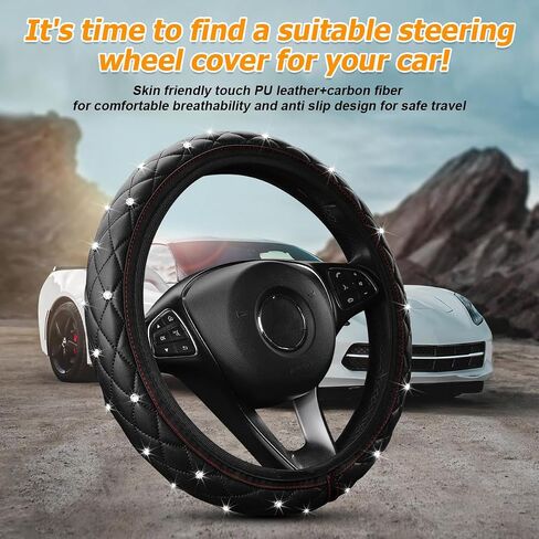 Bling Car Steering Wheel Cover, 15" Anti-Slip Elastic Stretch Leather Crystal Rhinestone Vehicle Steering Wheel Protector, Auto Interior Accessories, Universal for Sedan Truck SUV (Gray) in Kuwait