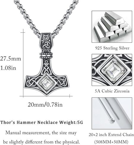 Viking Thor Hammer Necklace 925 Sterling Silver Norse Mjolnir Thor Hammer Pendant Amulet Netclaces Jewelry for Men Women مع سلسلة من الفولاذ المقاوم للصدأ 316L ومربع هدايا in Saudi Arabia