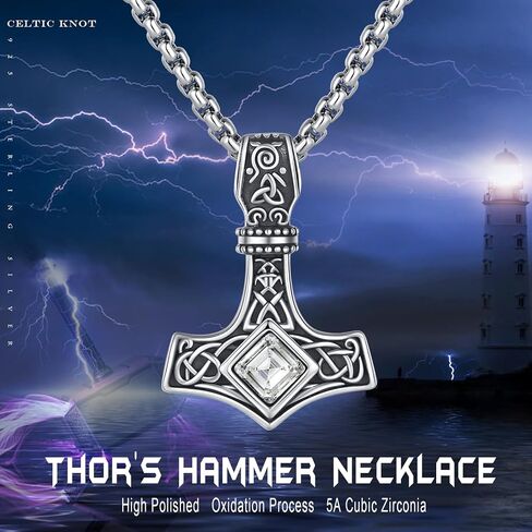 Viking Thor Hammer Necklace 925 Sterling Silver Norse Mjolnir Thor Hammer Pendant Amulet Netclaces Jewelry for Men Women مع سلسلة من الفولاذ المقاوم للصدأ 316L ومربع هدايا in Saudi Arabia