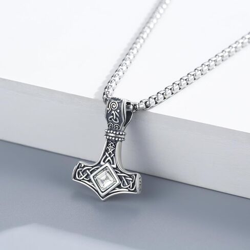 Viking Thor Hammer Necklace 925 Sterling Silver Norse Mjolnir Thor Hammer Pendant Amulet Netclaces Jewelry for Men Women مع سلسلة من الفولاذ المقاوم للصدأ 316L ومربع هدايا in Saudi Arabia