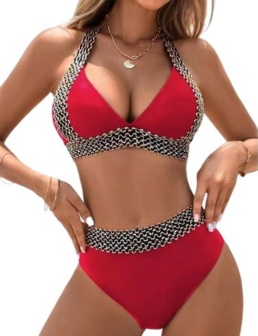 Tainehs Two Piece Bikini Sets for Women Halter Neck Color Block Swimsuit Self Tie High Waisted Tummy Bathing Suit in Saudi Arabia