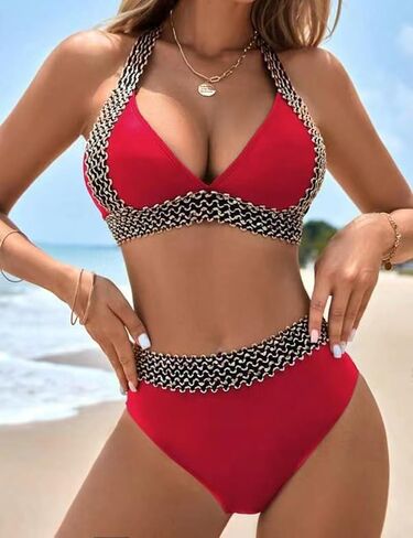 Tainehs Two Piece Bikini Sets for Women Halter Neck Color Block Swimsuit Self Tie High Waisted Tummy Bathing Suit in Saudi Arabia