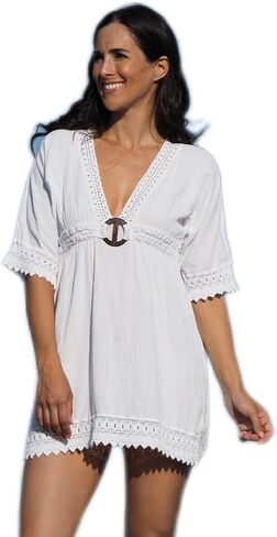 Women’s White V-Neck Dress – 100% Cotton, Flowy Beach Cover-Up, Summer Resortwear, Made in Peru in Saudi Arabia