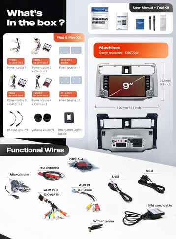 وحدة رأس Dasaita لاستبدال Toyota 4Runner 2010-2023، 9 بوصة، شاشة لمس QLED، مع CarPlay اللاسلكي وAndroid Auto، شبكة 4G مدمجة، 6 جيجابايت + 64 جيجابايت، ملاحة داخل لوحة القيادة، Android 13 in Kuwait