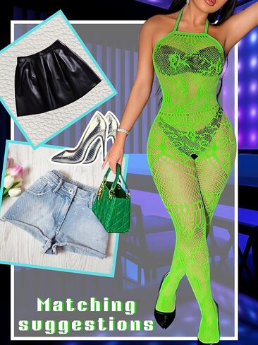 Women's Sexy Lingerie Bodystocking Fits 0-18, Halter Cutout Fishnet Bodysuit Club Rave Outfits in Saudi Arabia