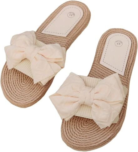 MakeMeChic Women's Bow Straw Flat Sandals Round Open Toe Beach Slip on Sandals in Saudi Arabia