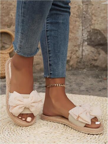 MakeMeChic Women's Bow Straw Flat Sandals Round Open Toe Beach Slip on Sandals in Saudi Arabia
