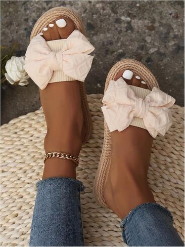 MakeMeChic Women's Bow Straw Flat Sandals Round Open Toe Beach Slip on Sandals in Saudi Arabia