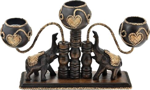 AeraVida Unique Handcarved Wooden Thai Elephants Holding 3 Candles with Heart Shaped Rattan Accents | Thai Wooden Home Decor | Centerpiece Candle Holder in Saudi Arabia