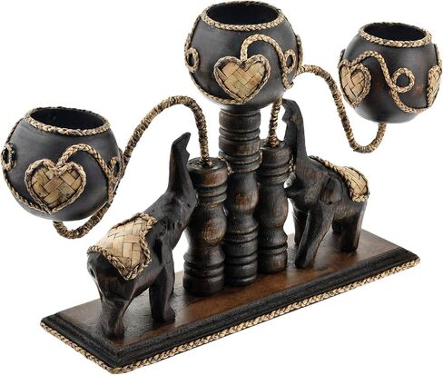 AeraVida Unique Handcarved Wooden Thai Elephants Holding 3 Candles with Heart Shaped Rattan Accents | Thai Wooden Home Decor | Centerpiece Candle Holder in Saudi Arabia