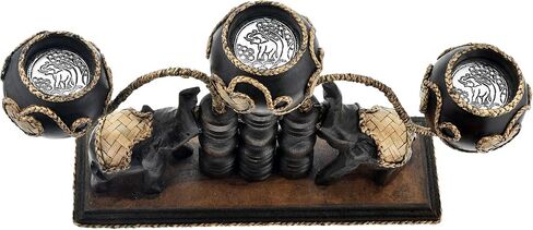 AeraVida Unique Handcarved Wooden Thai Elephants Holding 3 Candles with Heart Shaped Rattan Accents | Thai Wooden Home Decor | Centerpiece Candle Holder in Saudi Arabia