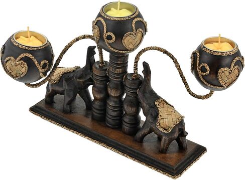 AeraVida Unique Handcarved Wooden Thai Elephants Holding 3 Candles with Heart Shaped Rattan Accents | Thai Wooden Home Decor | Centerpiece Candle Holder in Saudi Arabia