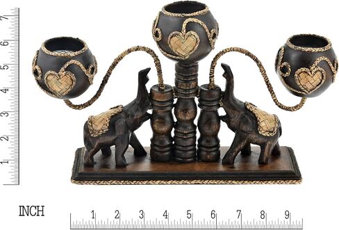 AeraVida Unique Handcarved Wooden Thai Elephants Holding 3 Candles with Heart Shaped Rattan Accents | Thai Wooden Home Decor | Centerpiece Candle Holder in Saudi Arabia