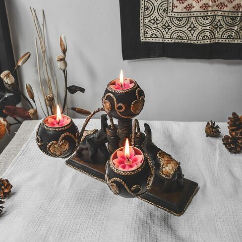 AeraVida Unique Handcarved Wooden Thai Elephants Holding 3 Candles with Heart Shaped Rattan Accents | Thai Wooden Home Decor | Centerpiece Candle Holder in Saudi Arabia