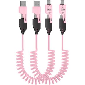 4 in 1 Charging Cable - 65W-4ft USB C Coiled Cable,USB to USB C Cable for Car,Compatible with Smart Phones、Laptop and More Devices,2 Pack(Blue) in Kuwait