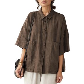 زر كتان Qibabu أسفل قميص للنساء نصف الأكمام بلوزات الصيف الصيفية in Kuwait