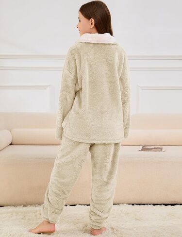 Flygo Girls Fuzzy Pants Set Fleece Outfits Winter Flannel Loose Fluffy Pullover Sweatshirt Top Pants Sweatsuit 5-14Y in Kuwait