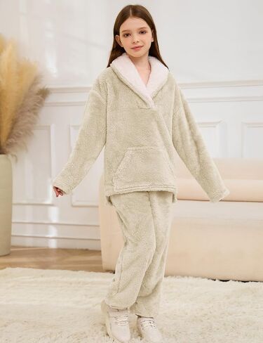 Flygo Girls Fuzzy Pants Set Fleece Outfits Winter Flannel Loose Fluffy Pullover Sweatshirt Top Pants Sweatsuit 5-14Y in Kuwait
