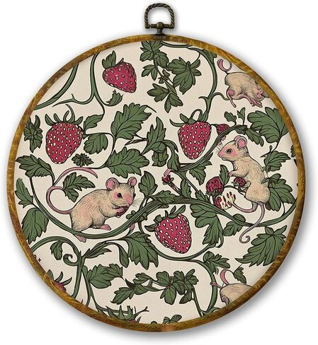 Mcehtle Vintage Mouse and Strawberry Wall Art Decor, Botanical Fruit Kitchen Framed Canvas Prints 10x10, Moody Nature Strawberries Modern Round Wall Hanging Artwork Decorations for Dining Roomc in Kuwait