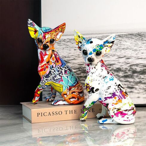 Graffiti Chihuahua Dog Statue Sculpture Animal Art Figurine Home Decoration for Living Room Bedroom Book Shelf TV Cabinet Desk Top Decor Table Centerpieces Ornaments (A1) in Kuwait