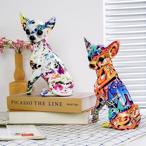 Graffiti Chihuahua Dog Statue Sculpture Animal Art Figurine Home Decoration for Living Room Bedroom Book Shelf TV Cabinet Desk Top Decor Table Centerpieces Ornaments (A1) in Kuwait