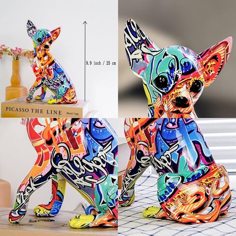 Graffiti Chihuahua Dog Statue Sculpture Animal Art Figurine Home Decoration for Living Room Bedroom Book Shelf TV Cabinet Desk Top Decor Table Centerpieces Ornaments (A1) in Kuwait