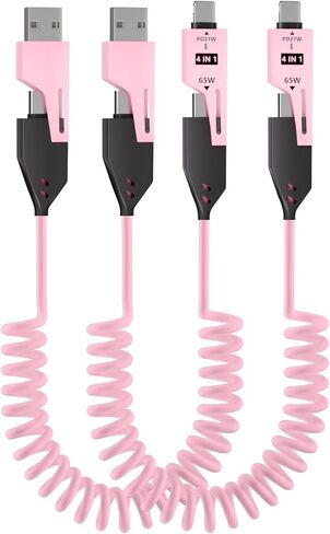 4 في 1 كابل شحن - 65W -4FT CABLE CLEAL CABLE ، كابل USB إلى USB C للسيارة ، متوافق مع الهواتف الذكية 、 الكمبيوتر المحمول والمزيد من الأجهزة ، 2 عبوة (أزرق) in Kuwait