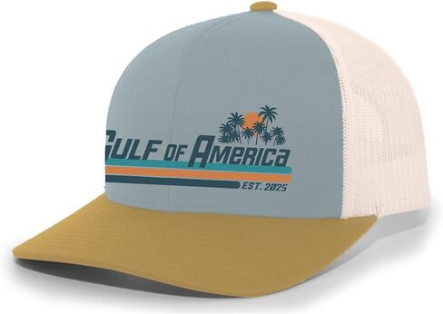 Trenz Shirt Company Gulf of America Sunset Palm Trees Mens Embroidered Mesh Back Trucker Hat in Saudi Arabia
