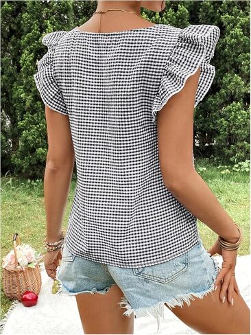 MakeMeChic Women's Gingham Print Blouse Top Square Neck Ruffle Short Sleeve Boho Casual Shirts in Saudi Arabia