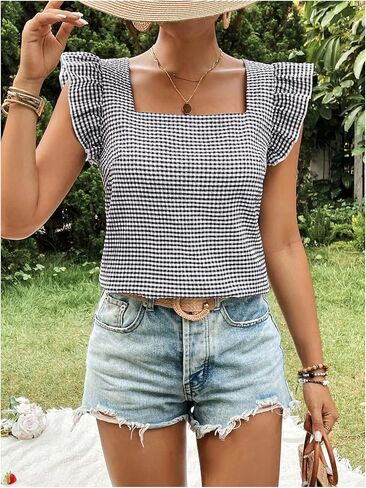 MakeMeChic Women's Gingham Print Blouse Top Square Neck Ruffle Short Sleeve Boho Casual Shirts in Saudi Arabia