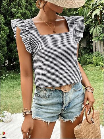 MakeMeChic Women's Gingham Print Blouse Top Square Neck Ruffle Short Sleeve Boho Casual Shirts in Saudi Arabia