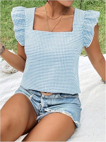 MakeMeChic Women's Gingham Print Blouse Top Square Neck Ruffle Short Sleeve Boho Casual Shirts in Saudi Arabia