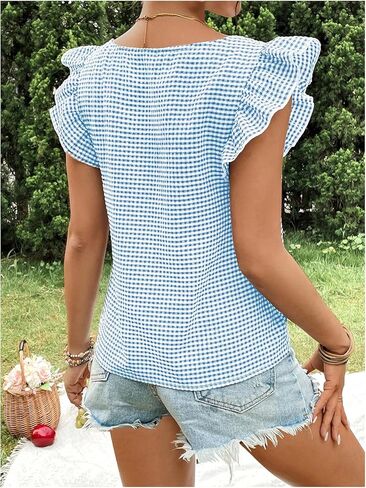 MakeMeChic Women's Gingham Print Blouse Top Square Neck Ruffle Short Sleeve Boho Casual Shirts in Saudi Arabia