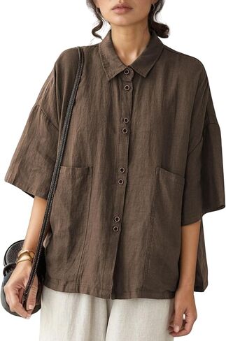 زر كتان Qibabu أسفل قميص للنساء نصف الأكمام بلوزات الصيف الصيفية in Kuwait