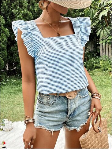 MakeMeChic Women's Gingham Print Blouse Top Square Neck Ruffle Short Sleeve Boho Casual Shirts in Saudi Arabia