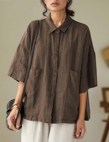 زر كتان Qibabu أسفل قميص للنساء نصف الأكمام بلوزات الصيف الصيفية in Kuwait