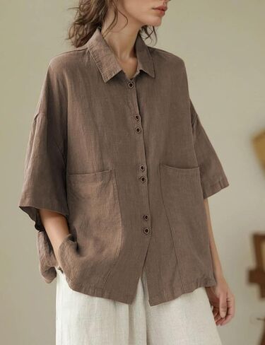 زر كتان Qibabu أسفل قميص للنساء نصف الأكمام بلوزات الصيف الصيفية in Kuwait