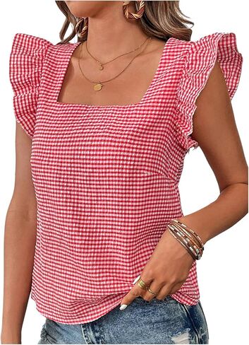 MakeMeChic Women's Gingham Print Blouse Top Square Neck Ruffle Short Sleeve Boho Casual Shirts in Saudi Arabia